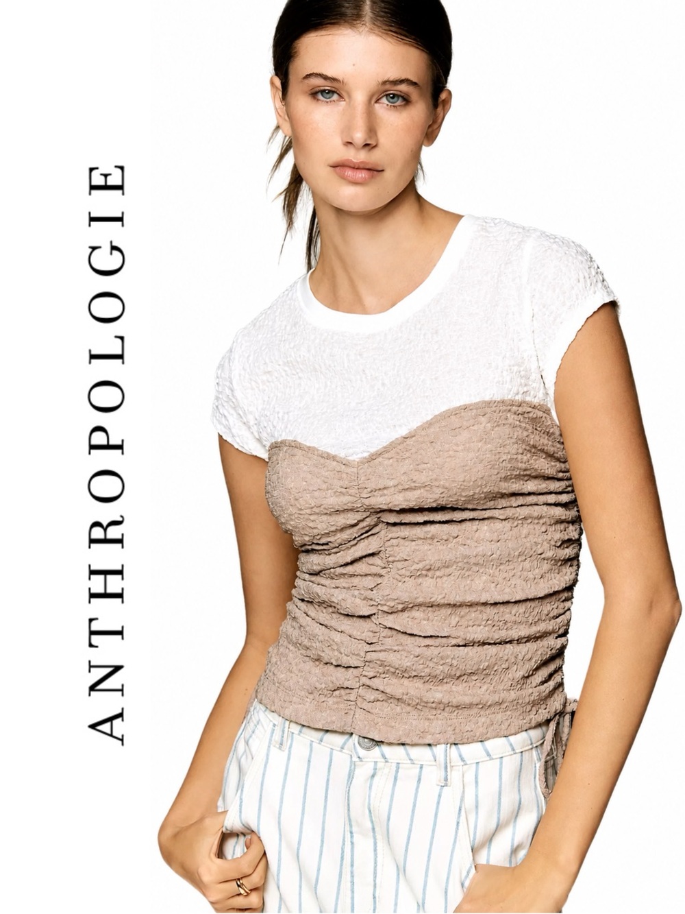 Anthropologie Maeve Ruched Corset Short-Sleeve Top